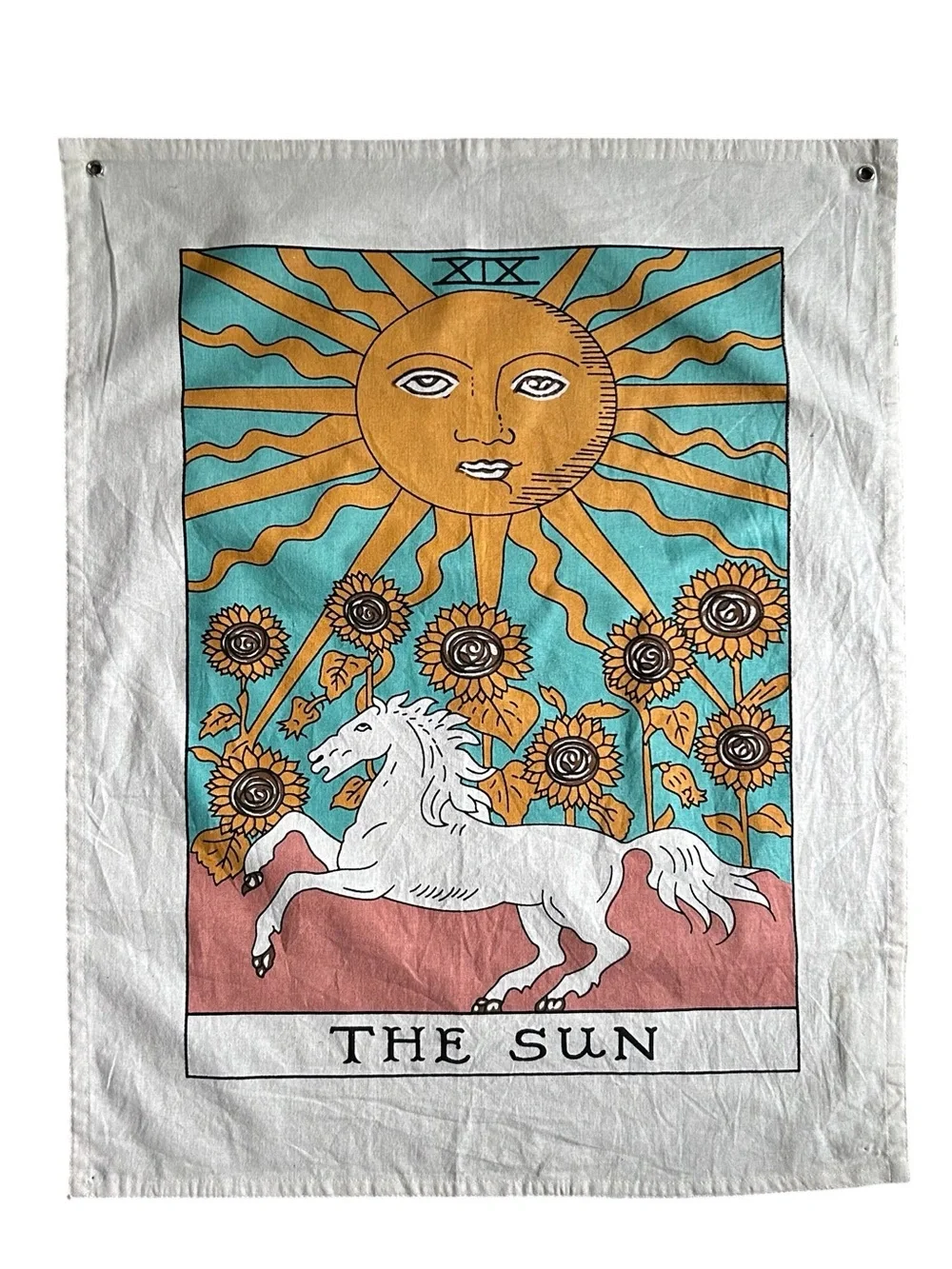 The Sun Tarot Wall Tapestry in Teal, Gold, White